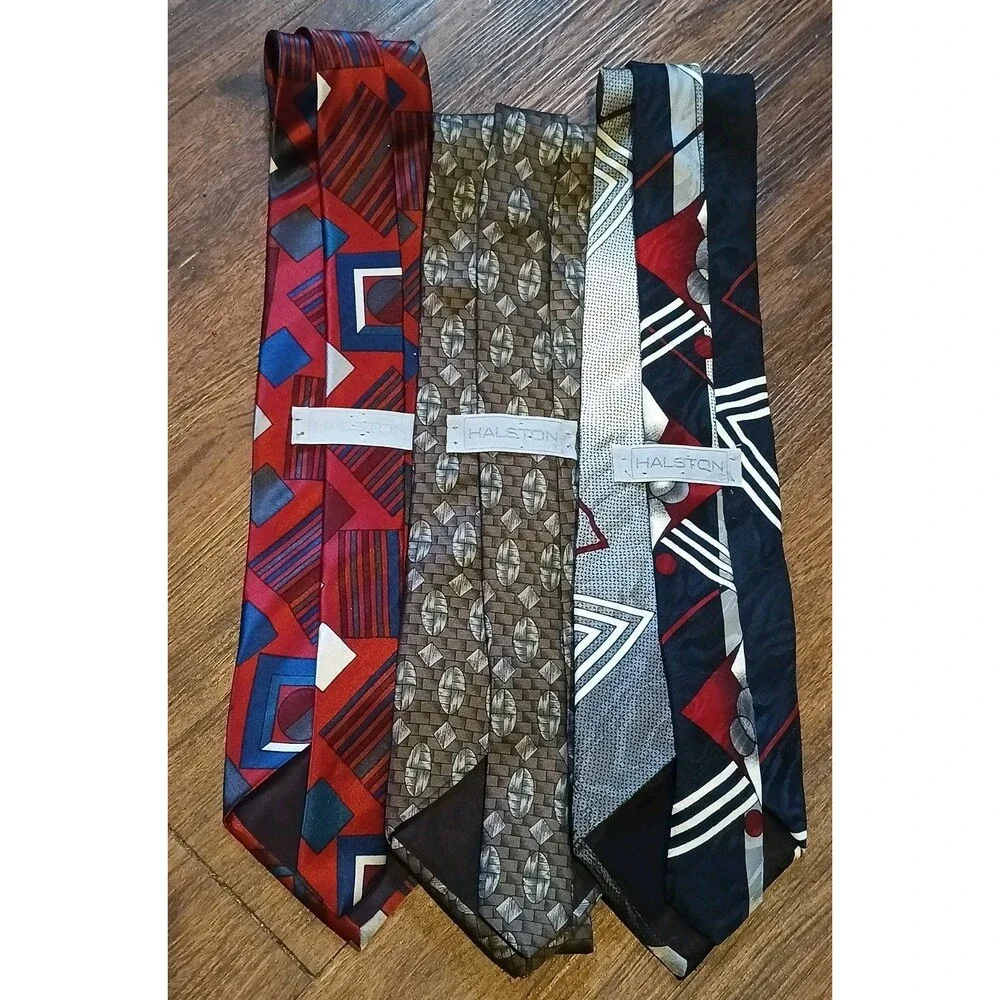 Vintage Halston 100% Silk Tie Lot Of 3 Geometric Pattern